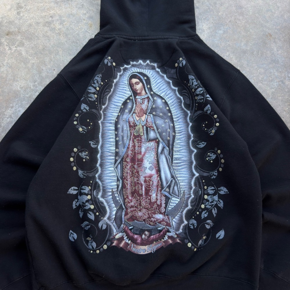 Vintage Y2K Virgin Mary God Faith Angel Faded Black Hoodie M j3